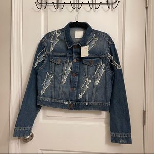 Authentic Sandro Pearl Embellished Lightening Denim Jacket Cropped